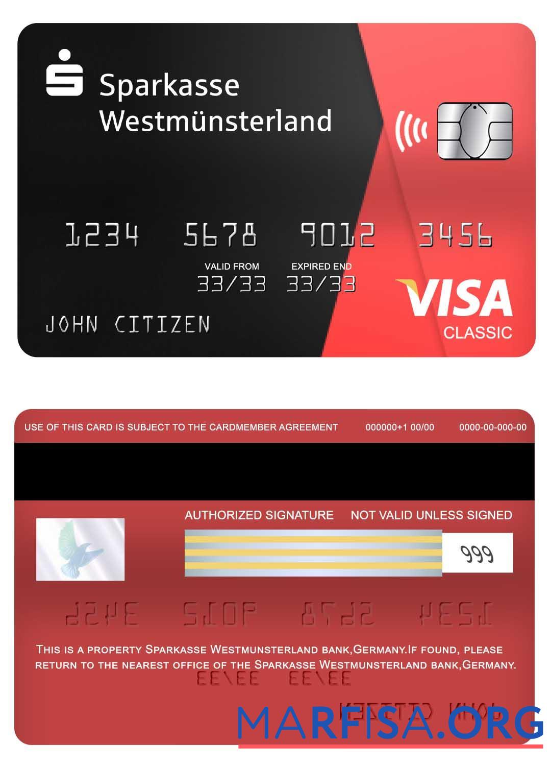 Realistic Germany Sparkasse Westmunsterland bank visa classic card sample